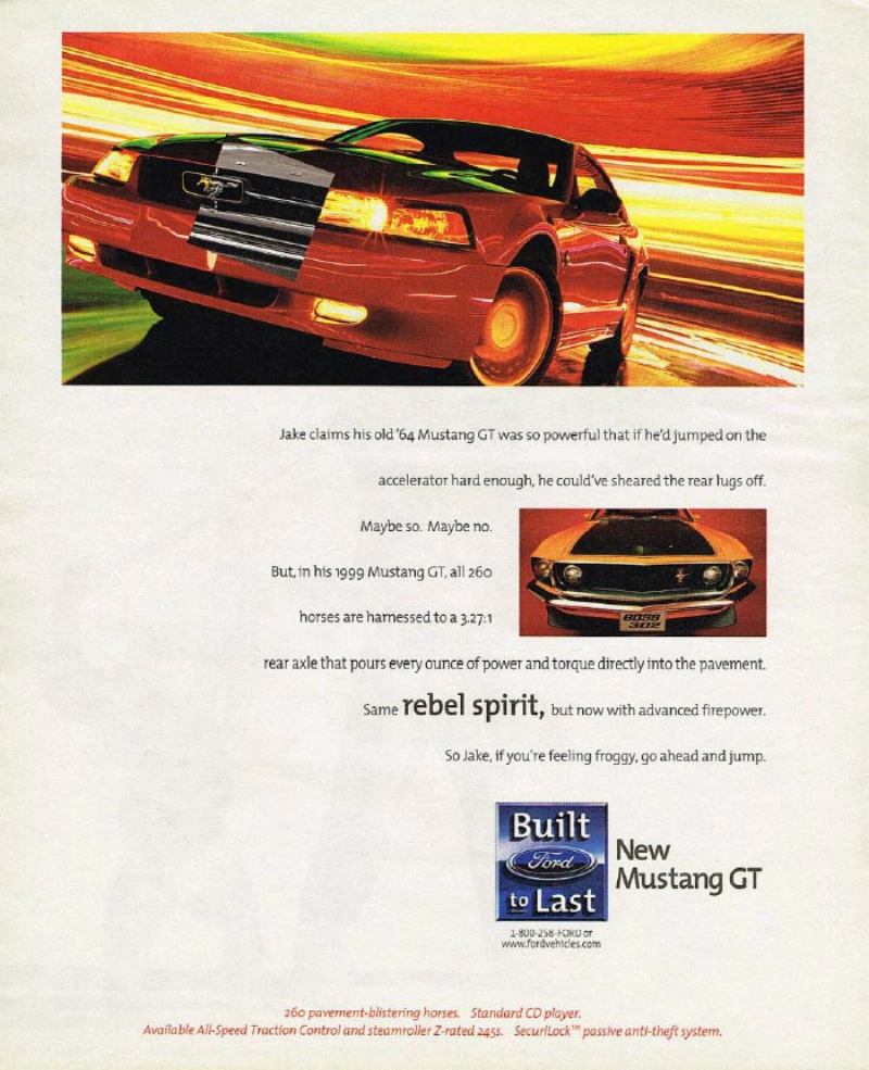 1999 Ford Mustang vintage auto ad; Rebel spirit